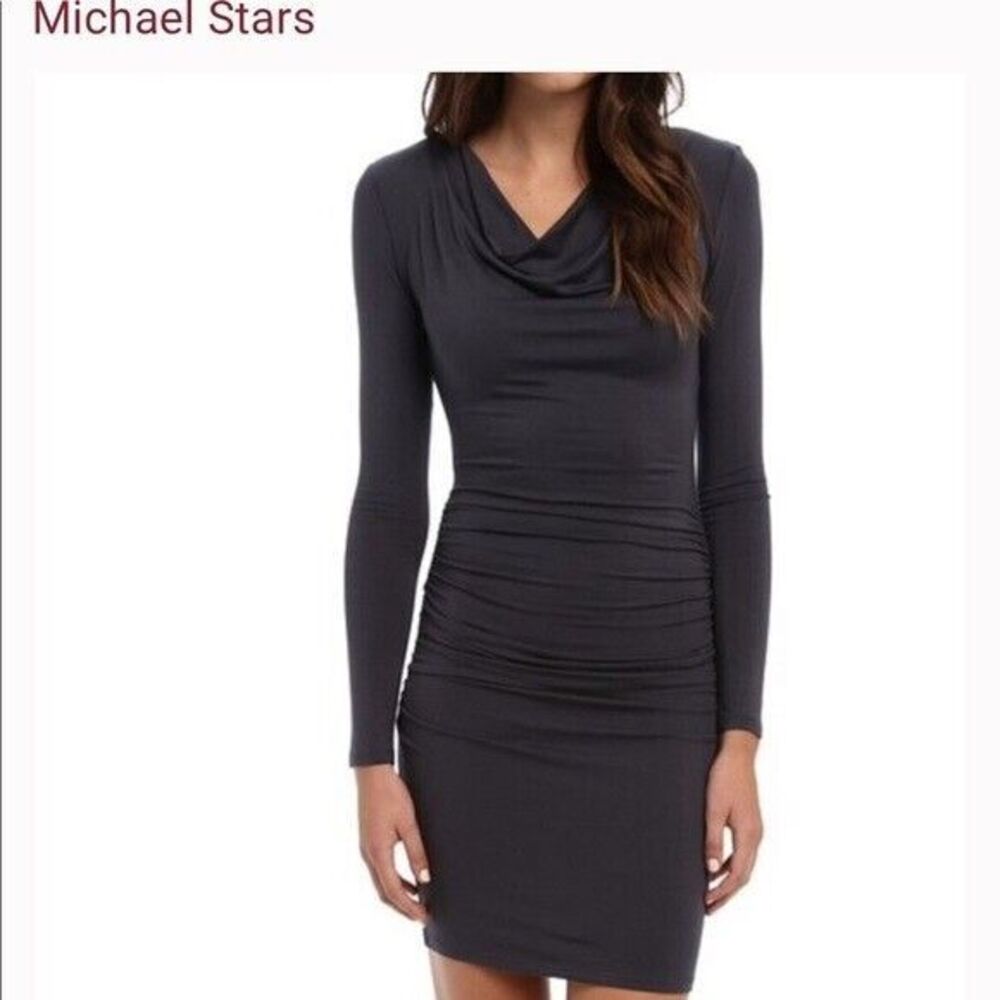 MICHAEL STARS Cowl Neck Jersey Stretch Dress OS One Size Black Mini L/S EUC B69